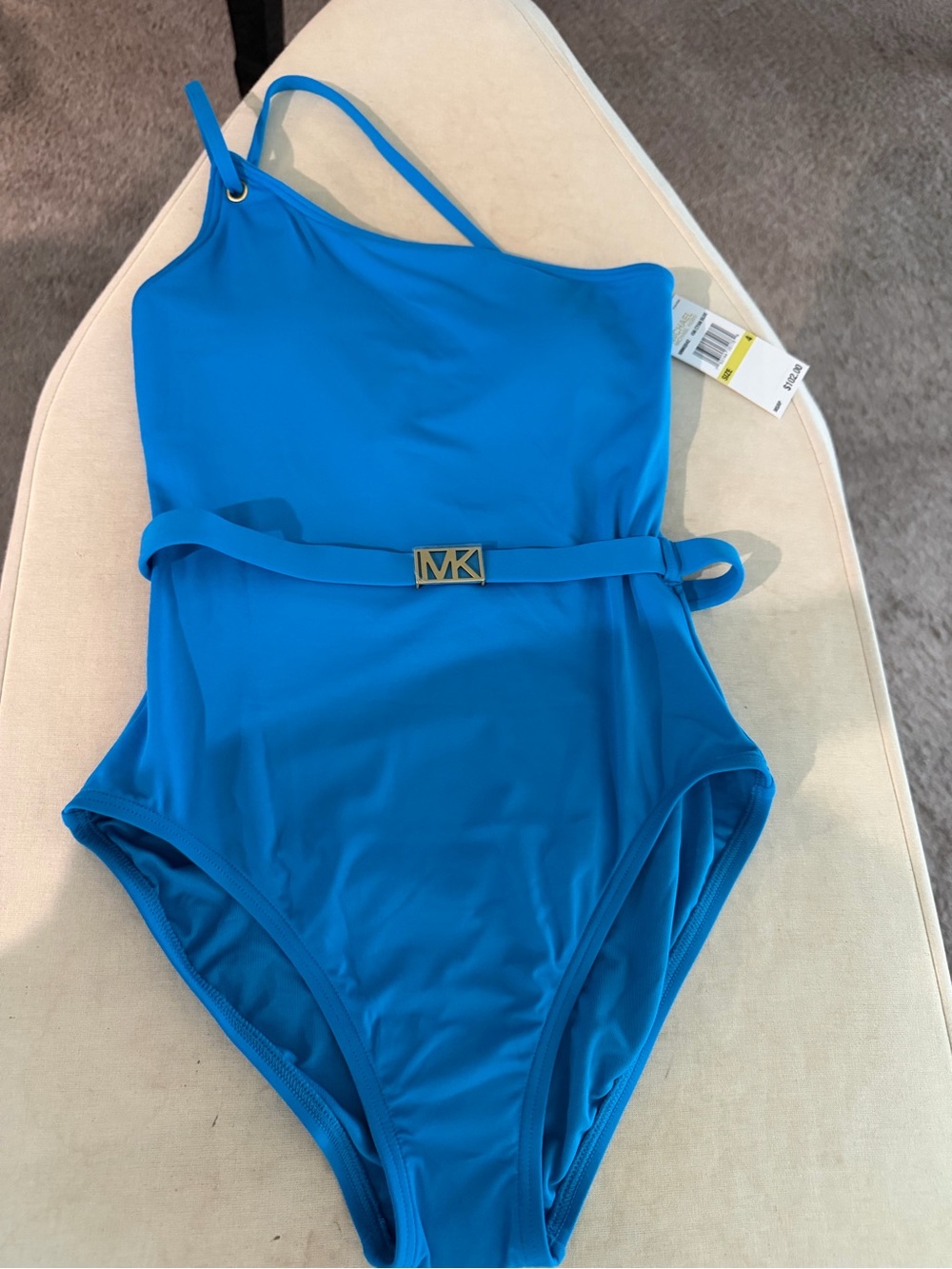 MICHAEL KORS AQUA BLUE ONE SHOULDER, ONE PIECE SWIMSUIT W LOGO BELT SZ 4